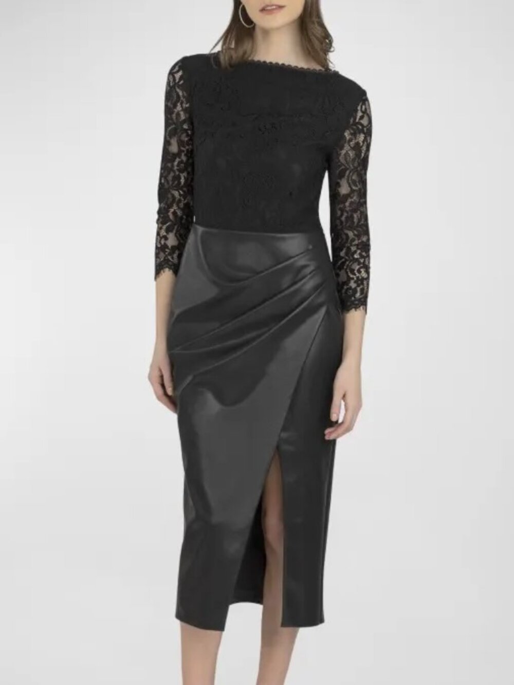 SHOSHANNA Women Sadie Faux Leather Dress Lace Black Midi Bodycon